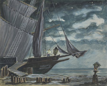 TEMPERA SCENOGRAFIA CON NAVE DI ALFREDO FURIGA