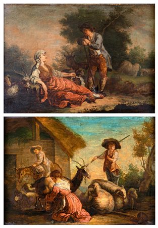 Scuola veneta del XVIII secolo ( - ) 
a) Scena galante  b) Mungitura della capra 
olio su tela cm 49x67 - in cornice cm 58x78                                                                          