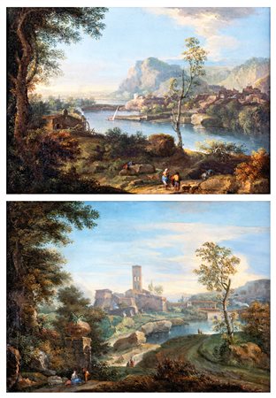 Paolo Anesi (Roma, 1697 - Roma, 1773) 
Coppia di vedute con paesaggi fluviali 
Coppia di olii su tela cm 34x47 - in cornice: 48x62