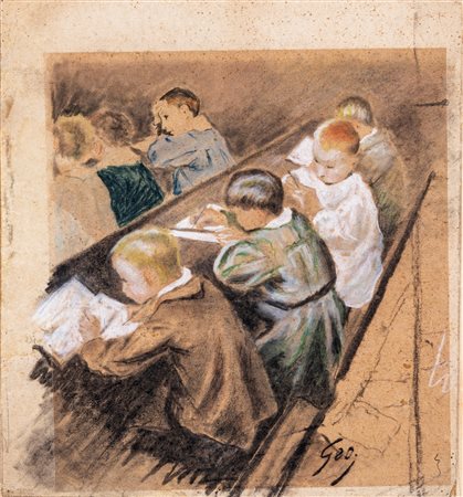 Jean Jules Henry Geoffroy Géo (Marennes, 1853 - Parigi, 1924) 
I banchi di scuola 
Tecnica mista (pastello, carboncino, biacca e acquarello) su carta applicata su cartone cm 32x29 - in cornice cm 56x52