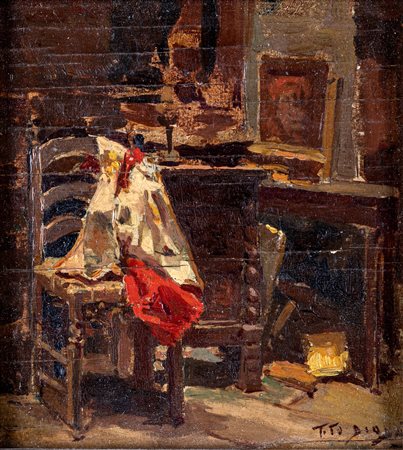 Tito Diodati (Napoli, 1901 - ?) 
Scena di interno con sedia e drappo 
Olio su tavola cm 13x11,5 - in cornice cm 16x14,5