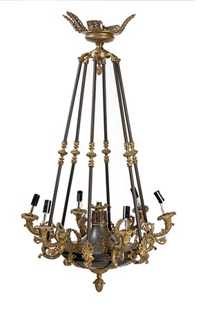  
Lampadario in bronzo brunito e dorato, fine del XIX secolo 
 cm 120x70