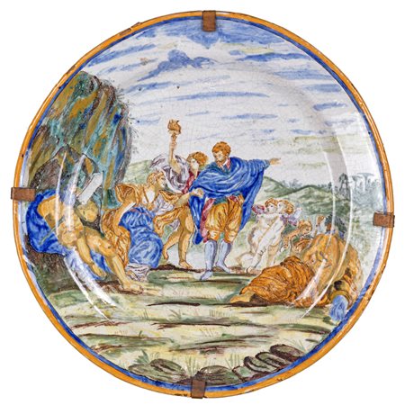  
Grande piatto da parata in maiolica policroma, Castelli 
 diametro cm 56,5