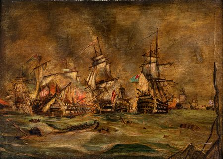 Pittore del XIX secolo ( - ) 
Battaglia navale fra galeoni inglesi e spagnoli 
olio su tela cm 71x101 