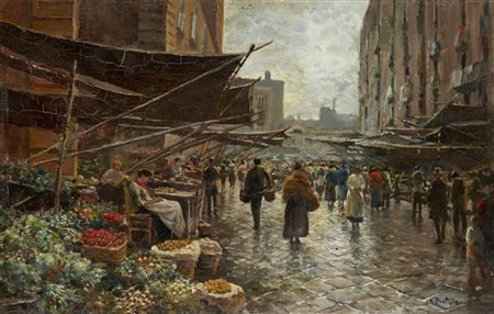 Attilio Pratella "Scena di mercato" 
olio su tavola (cm 22,5x35)
Firmato in bass