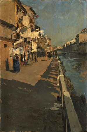 Emilio Gola "Lungo il Naviglio" 
olio su tela (cm 60x40)
Firmato in basso a sini