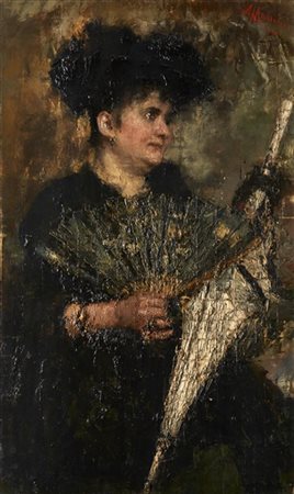 Antonio Mancini "Donna con ventaglio e ombrello (La mamma di Zazzà)" 
olio su te