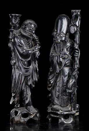 DUE SCULTURE IN LEGNO CON SHOULAO E LI TIEGUAI
Cina, XX secolo
