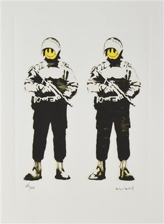 Da Banksy SIMILING COPPERS eliografia su carta Arches, cm 38,5x28,5; es....