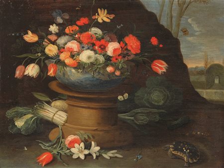 Van Kessel Jan nei modi di, Natura morta con vaso di fiori, verdure e tartaruga