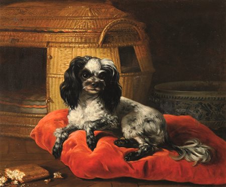 Bachelier Jean-Jacques attribuito a, Ritratto di cane su cuscino rosso