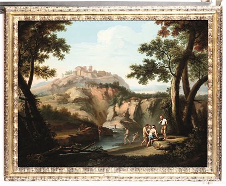 Locatelli Andrea, Paesaggio fluviale con personaggi e cittadella sullo sfondo