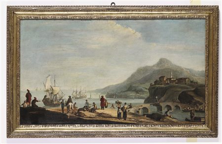 Simonini Francesco, Veduta con ponte, imbarcazioni e personaggi sulla riva