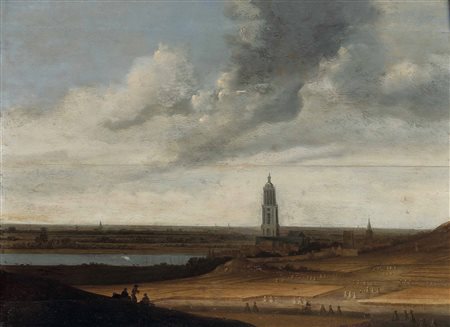 van Ruisdael Jacob Izaaksoon attribuito a, Veduta con campi di grano e cittadine sullo sfondo