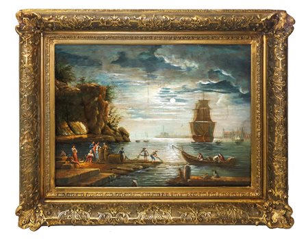 Tramonto marino con pescatori e barche, Venetian painter of the  19° secolo