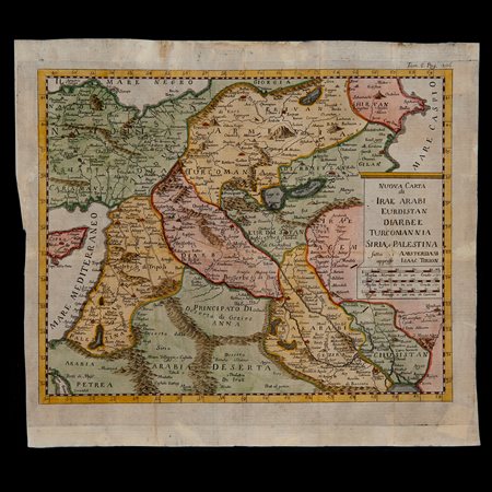 Isaak Tirion (Utrecht 1705 – Amsterdam 1765), 'Nuova carta di Irak Arabi, Kurdistan, Diarbek, Turcomannia, Siria e Palestina', Amsterdam 1742