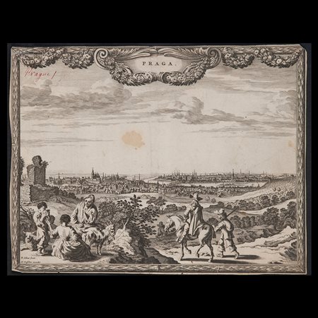 Pieter Hendrickszoon (Amsterdam 1618 – ca. 1670), Antica vista della città di Praga con viandanti, XVII secolo