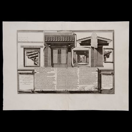 Giovanni Battista Piranesi (Mogliano Veneto 1720 – Roma 1778), Acquaforte dedicata all'epigrafe trovata presso le Case Farnesiane