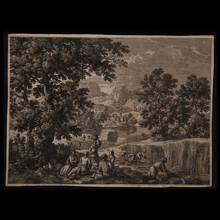 Gabriel Perelle (Vernon 1604 – Parigi 1677), Paesaggio con mietitura e contadini, Francia seconda metà del XVIII secolo