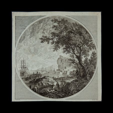 Roubillac (Bayonne 1739 - ?), Tondo con paesaggio  e marinai, Francia seconda metà del XVIII secolo