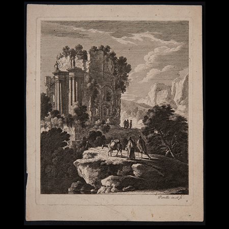 Gabriel Perelle (Vernon 1604 – Parigi 1677), Paesaggio con rovine e viandanti, Francia seconda metà del XVIII secolo