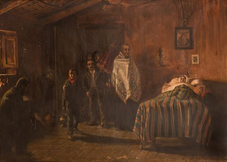 Emilio  Rubei (L'Aquila, 1869 - Ascoli Piceno , 1935) 
L'ultimo saluto 
Olio su tela cm 71x96; con cornice cm 81x109