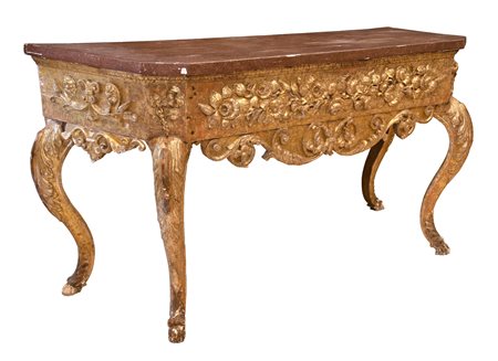  
Consolle siciliana Luigi XV in legno dorato con piano in finto porfido  
 cm 115x213x80