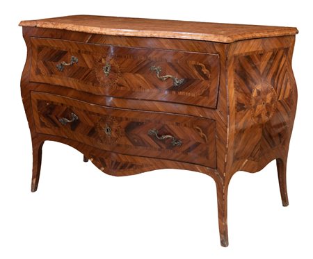  
Cassettone Napoli lastronato in palissandro e intarsiato in bois de rose. Piano in marmo rosso di Verona Primo quarto XVIII secolo
 cm 98x142x59