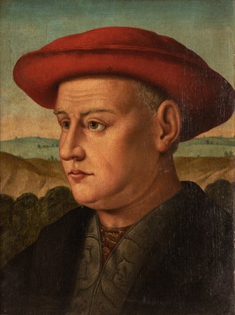 Icilio Federico Joni ( Attribuito a ) (Siena, 1866 - Siena, 1946) 
Ritratto di giovane in abiti quattrocenteschi e cappello rosso. 
Olio su tavola cm 33x25; con cornice cm 43x35