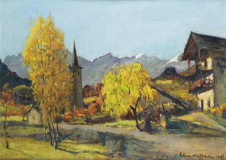 FELICE VELLAN<BR>Torino 1889 - 1976<BR>"Autunno in val di Champoluc" 1961