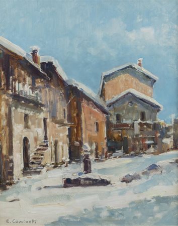 ERNESTO COMINETTI<BR>Torino 1900 - 1990<BR>"Nevicata a Limone Piemonte" o "Borgo vecchio - Limone Piemonte" 1958