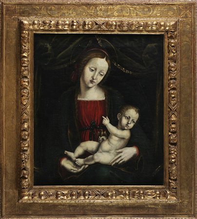 ARTISTA DEL XVI SECOLO Madonna con bambino. Olio su tela. Cm 49,00 x 58,00. ....