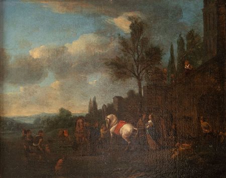 Maestro fiammingo della fine del XVII secolo "Paesaggio con cavalieri". Olio...