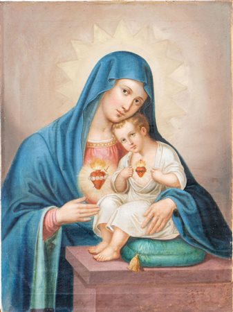 Maestro del XIX secolo. "Madonna con bambino del Sacro Cuore". Olio su tela....