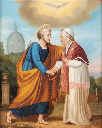 Maestro del XIX secolo. "Incontro tra San Pietro e Pio IX". Olio su tela. Cm...