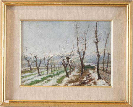 GIOVANNI SECCHI (Bologna 1876 - Darfo 1950) "Ultima neve". Olio su tavola. Cm...