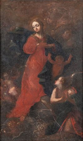 Maestro del XVIII secolo "Madonna in gloria". Olio su tela. Cm 73x45. (restauri)