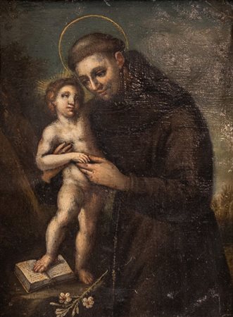 Maestro del XVII secolo. “Sant’Antonio con bambino”. Olio su rame. Cm 18,5x14.