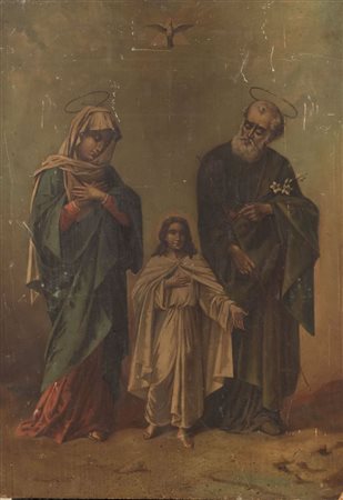 Maestro del XIX secolo. "Sacra famiglia". Olio su tavola. Cm 65x46,5.