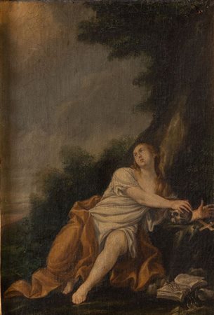 Maestro emiliano del XVII secolo. “Maddalena penitente”. Olio su tela. Cm...