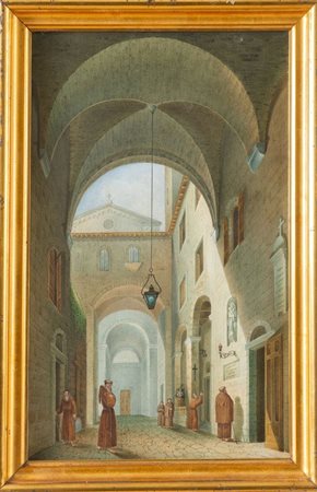 Maestro del XIX secolo. “Interno del convento”. Acquerello su carta. Cm 47x29.