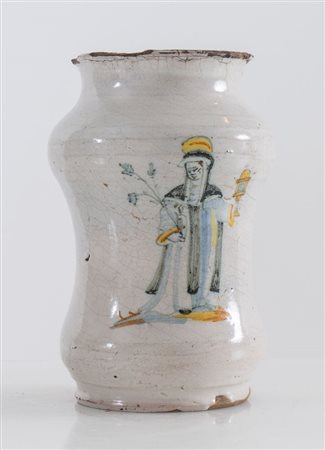 Albarello in ceramica di Deruta con figura di monaca. Fine del XVI secolo. Cm...