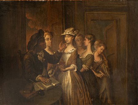 Maestro del XVIII secolo. "Scuola femminile". Olio su tela. Cm 70x90.