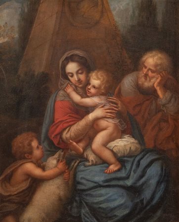 Maestro francese della fine del XVII secolo. "Sacra famiglia". Olio su tela....