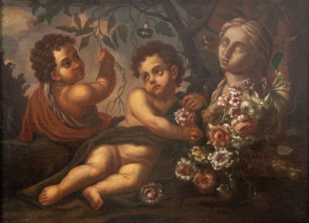 Maestro romano della fine del XVII secolo. "Natura morta con putti, fiori e...