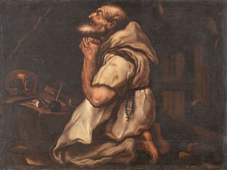 Maestro veneto del XVII secolo. "San Girolamo". Olio su tela. Cm 76x102.