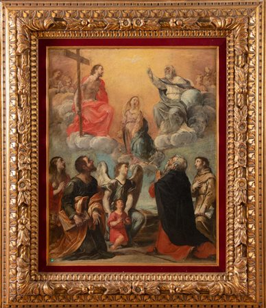 Maestro emiliano del XVII secolo. "Madonna in gloria con bambino e santi"....