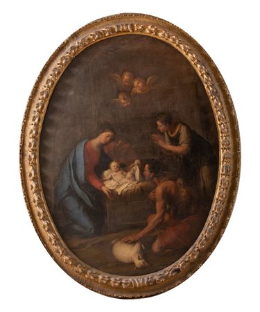 Maestro bolognese del XVII secolo. "Natività". Olio su tela. Cm 151x111.