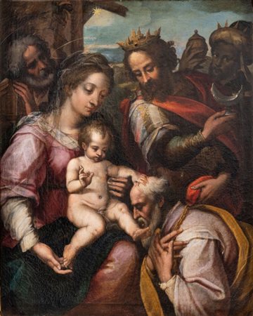 ALESSANDRO CASOLANI (Mensano 1552 – Siena 1607) "Sacra famiglia". Olio su...