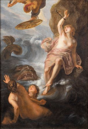 Maestro del XVII secolo. "Perseo che libera Andromeda". Olio su tela. Cm...